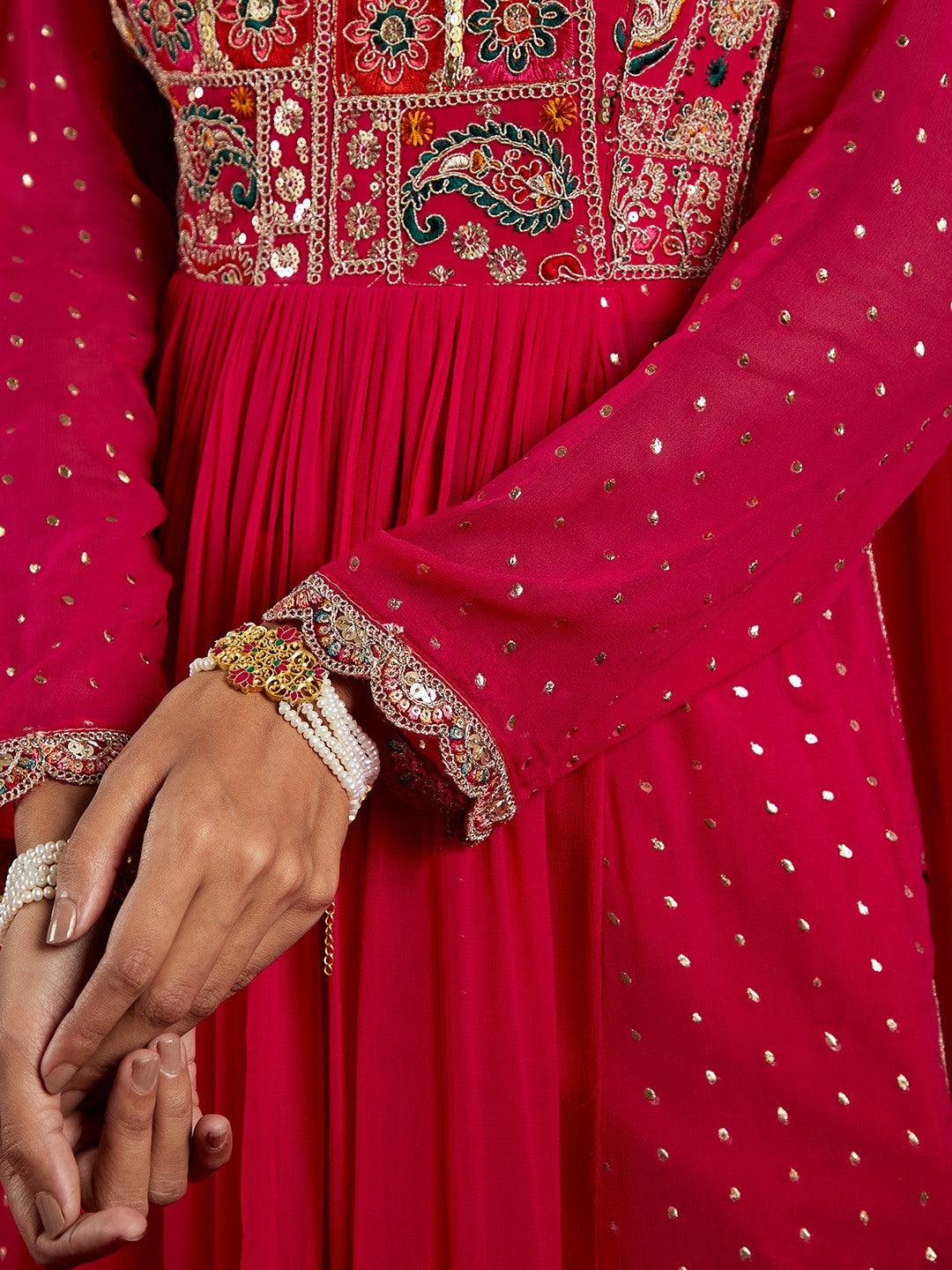 Libas Art Pink Yoke Design Georgette Anarkali Kurta With Trousers & Dupatta - ShopLibas