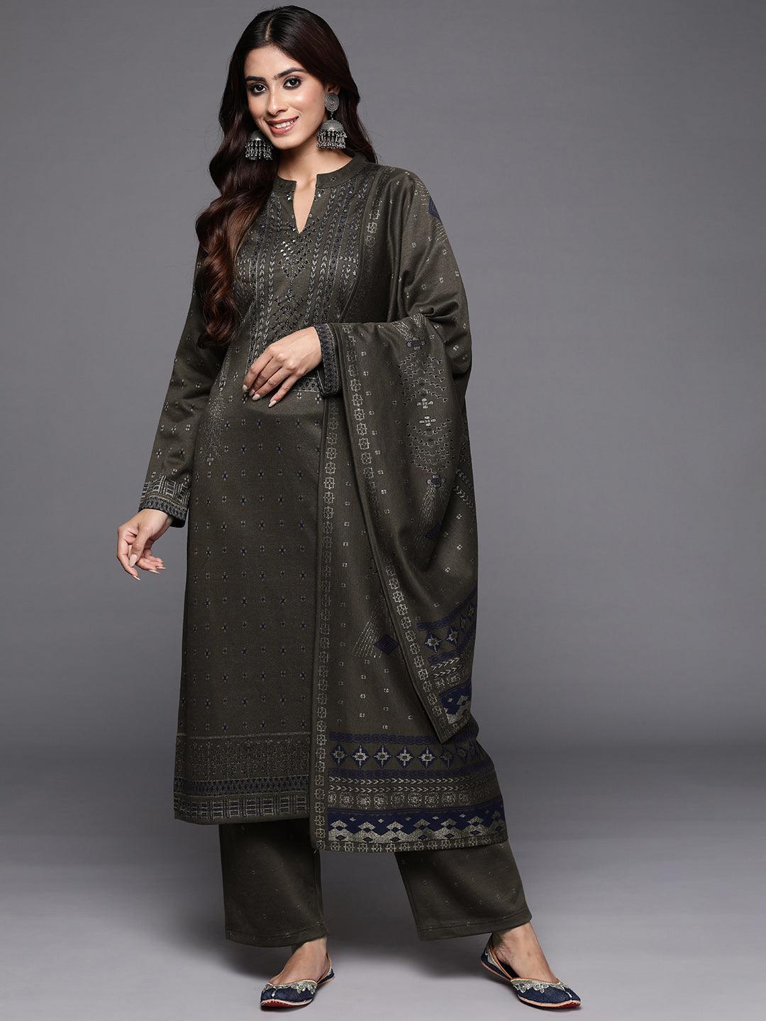 Brown Woven Design Wool Blend Straight Kurta With Trousers & Dupatta - ShopLibas