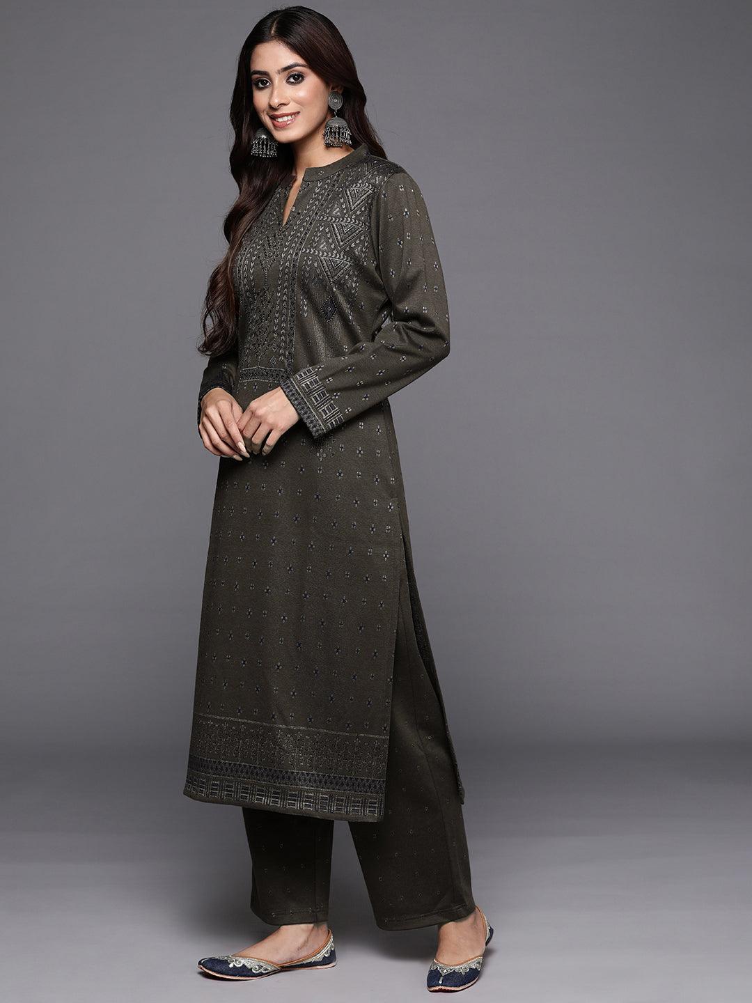 Brown Woven Design Wool Blend Straight Kurta With Trousers & Dupatta - ShopLibas