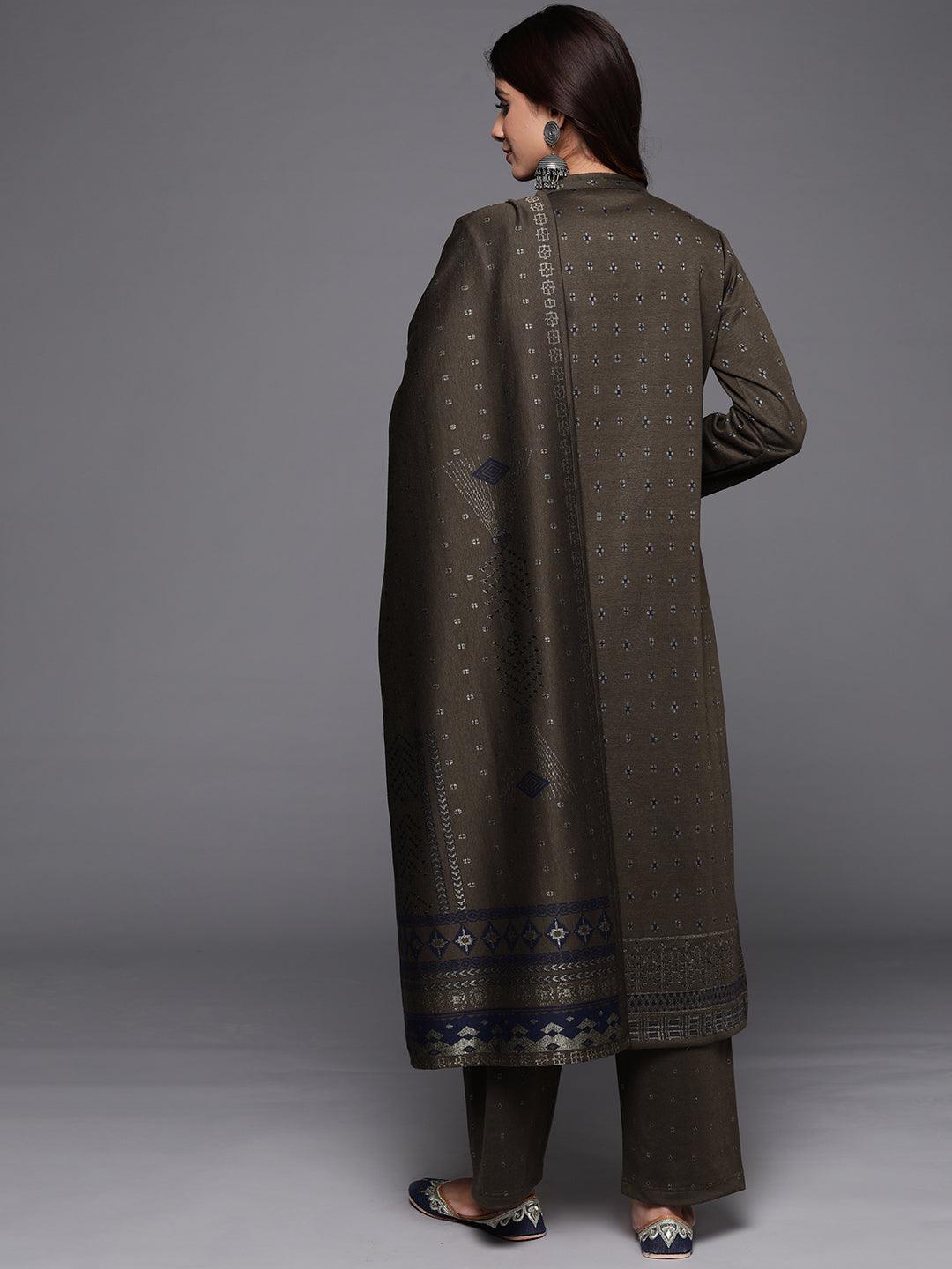 Brown Woven Design Wool Blend Straight Kurta With Trousers & Dupatta - ShopLibas