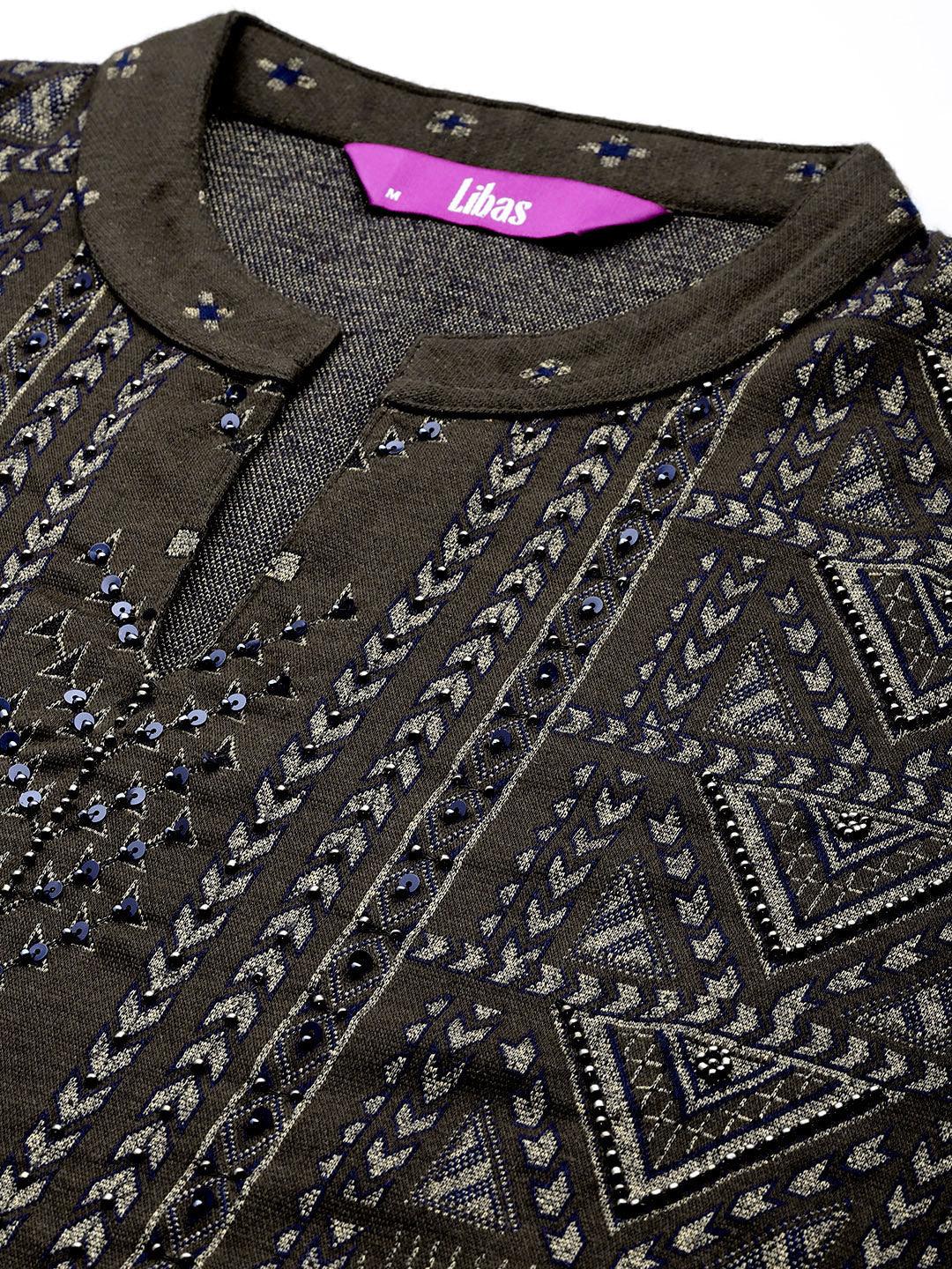 Brown Woven Design Wool Blend Straight Kurta With Trousers & Dupatta - ShopLibas