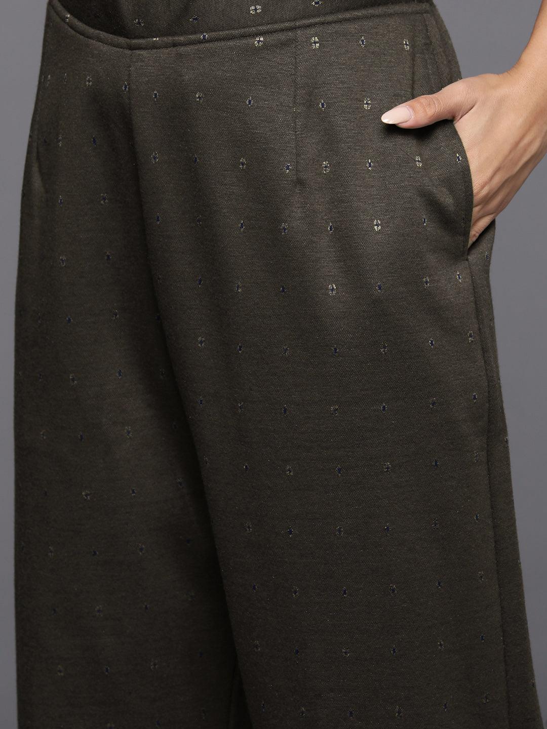 Brown Woven Design Wool Blend Straight Kurta With Trousers & Dupatta - ShopLibas