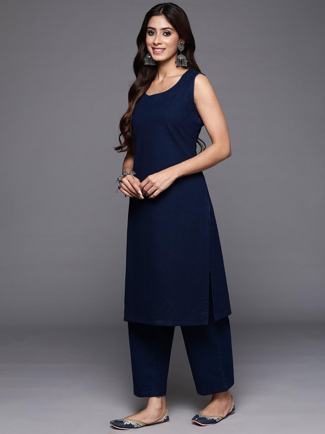 Blue Printed Wool Blend Straight Kurta With Trousers - ShopLibas