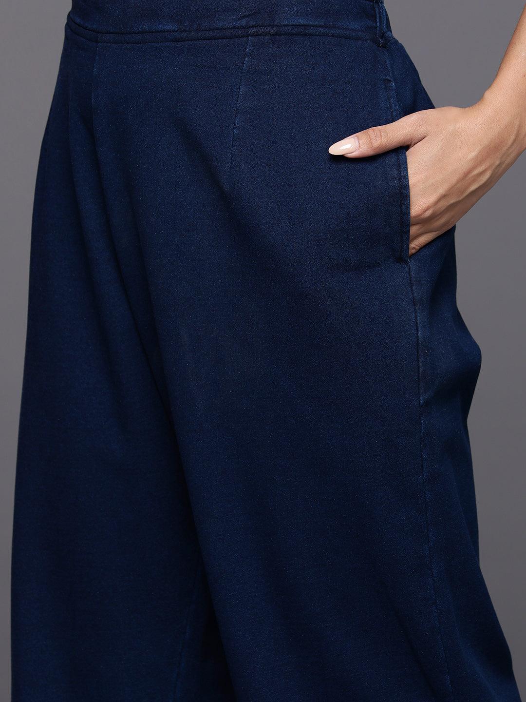 Blue Printed Wool Blend Straight Kurta With Trousers - ShopLibas