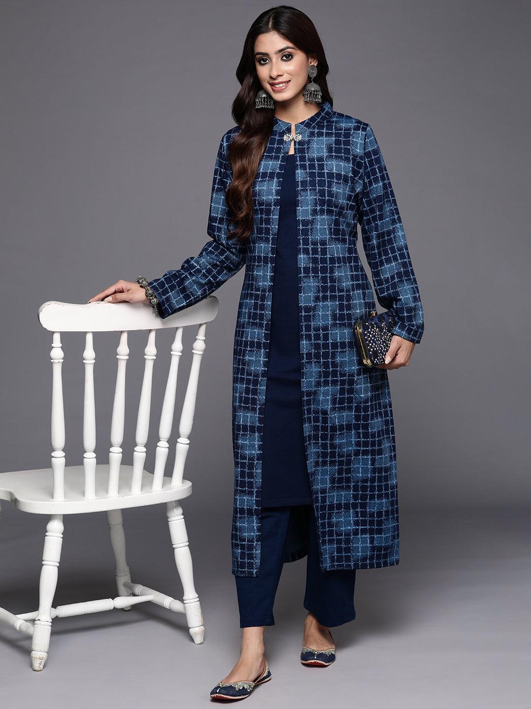 Blue Printed Wool Blend Straight Kurta With Trousers - ShopLibas
