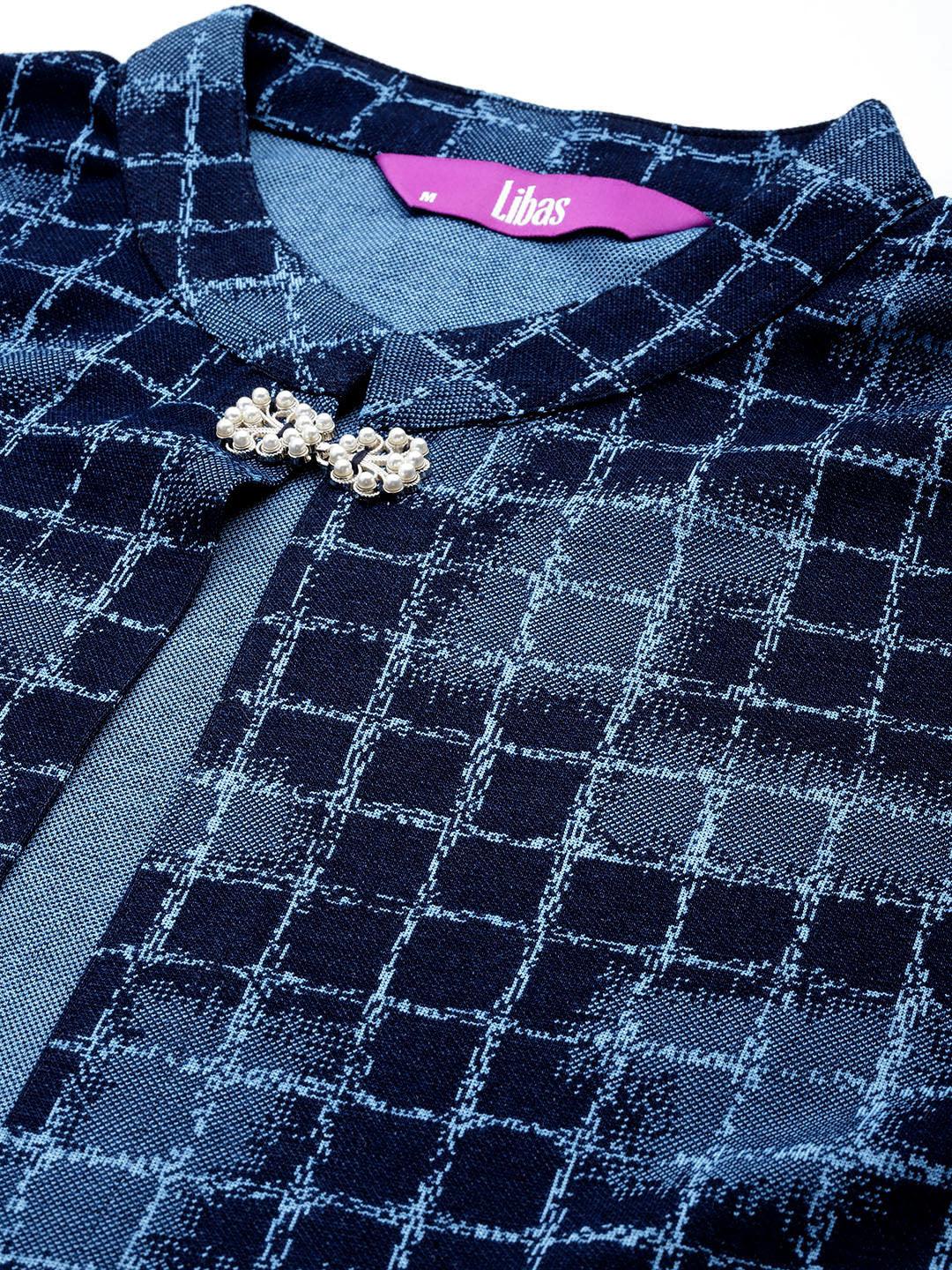 Blue Printed Wool Blend Straight Kurta With Trousers - ShopLibas