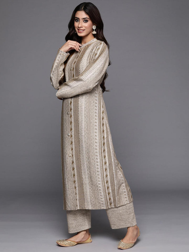 Beige Self Design Wool Blend A-Line Kurta With Trousers