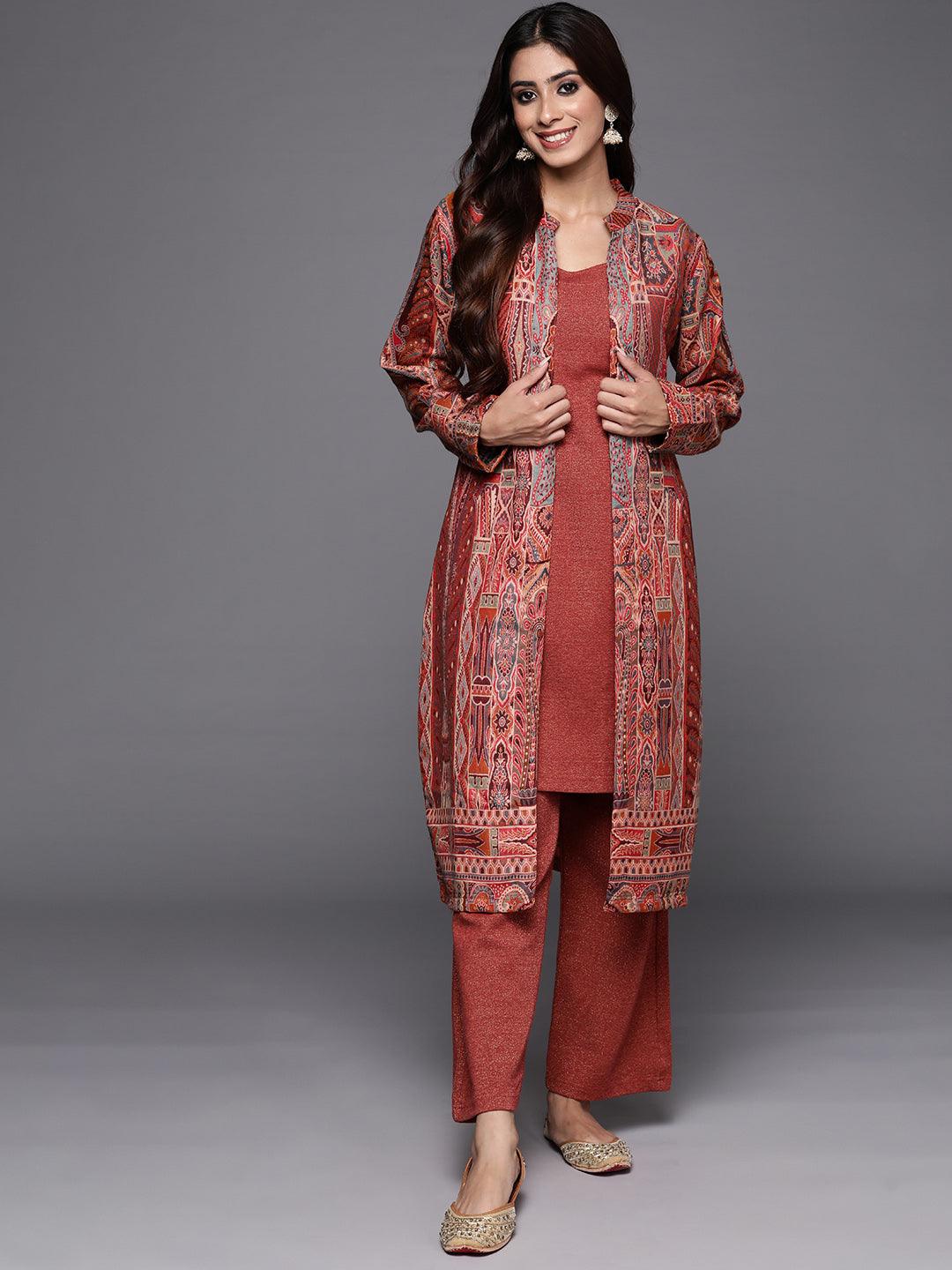 Rust Printed Wool Blend Straight Kurta With Trousers - ShopLibas