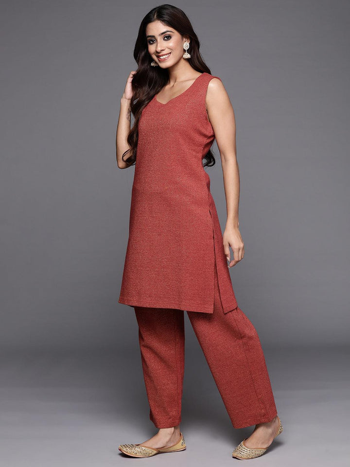 Rust Printed Wool Blend Straight Kurta Set