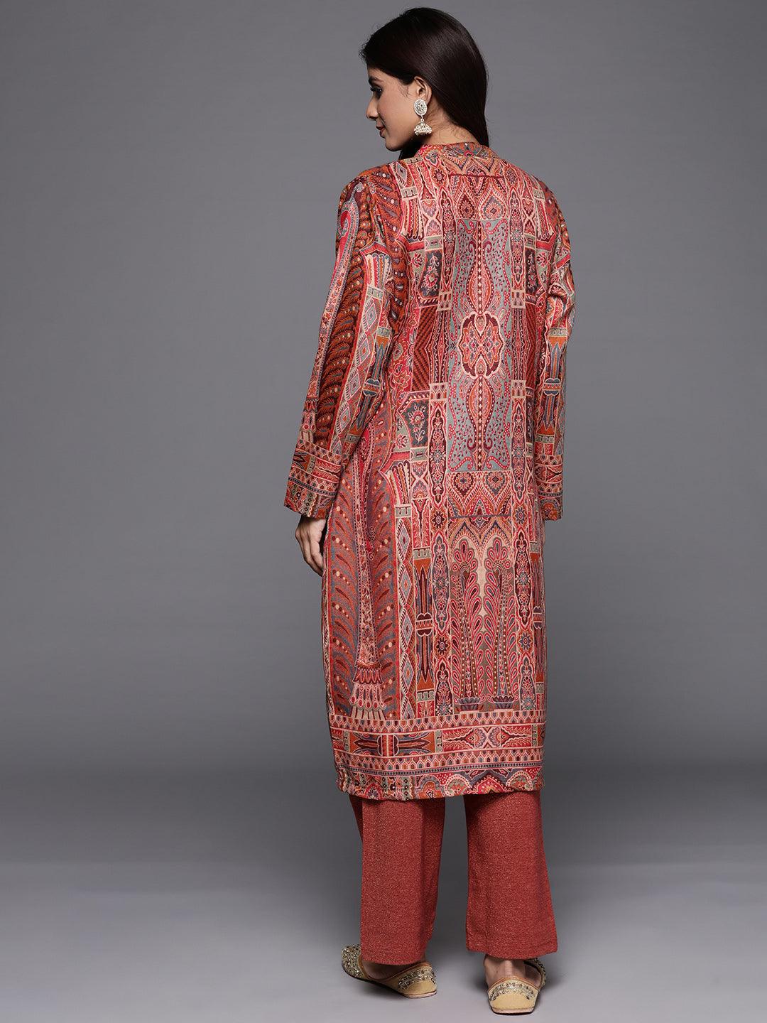Rust Printed Wool Blend Straight Kurta With Trousers - ShopLibas