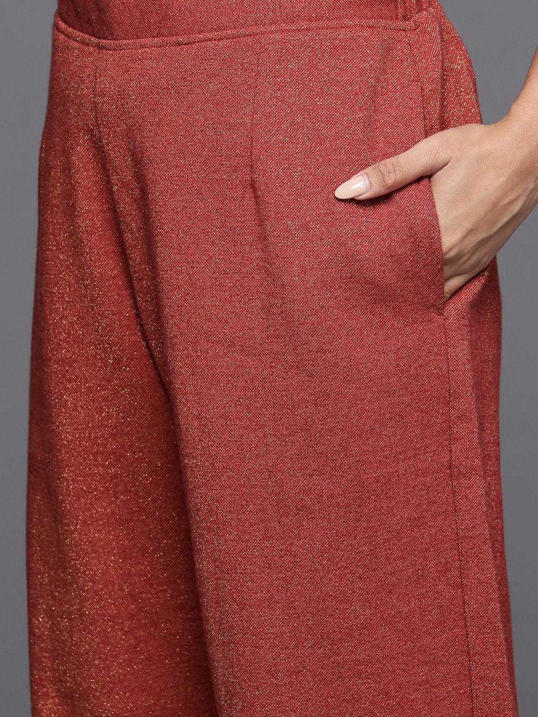 Rust Printed Wool Blend Straight Kurta With Trousers - ShopLibas