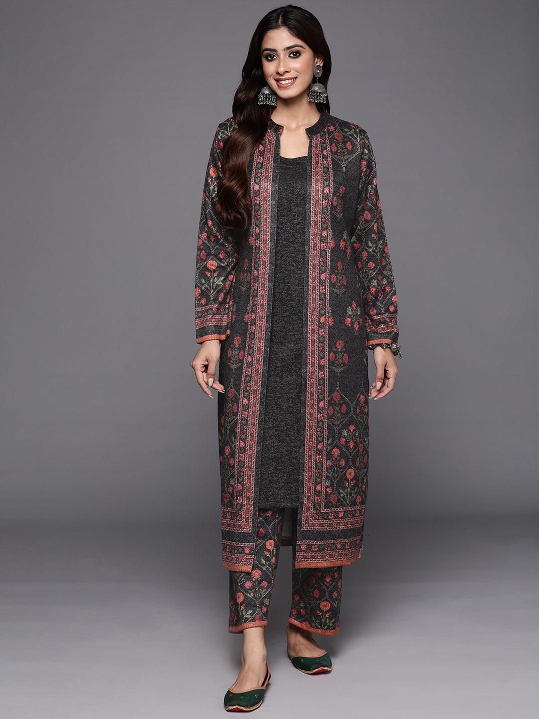Grey Printed Wool Blend Straight Kurta With Trousers - ShopLibas