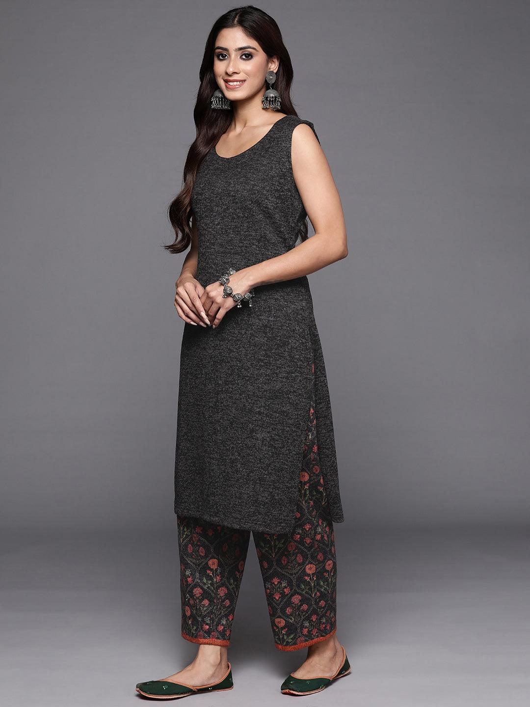 Grey Printed Wool Blend Straight Kurta With Trousers - ShopLibas