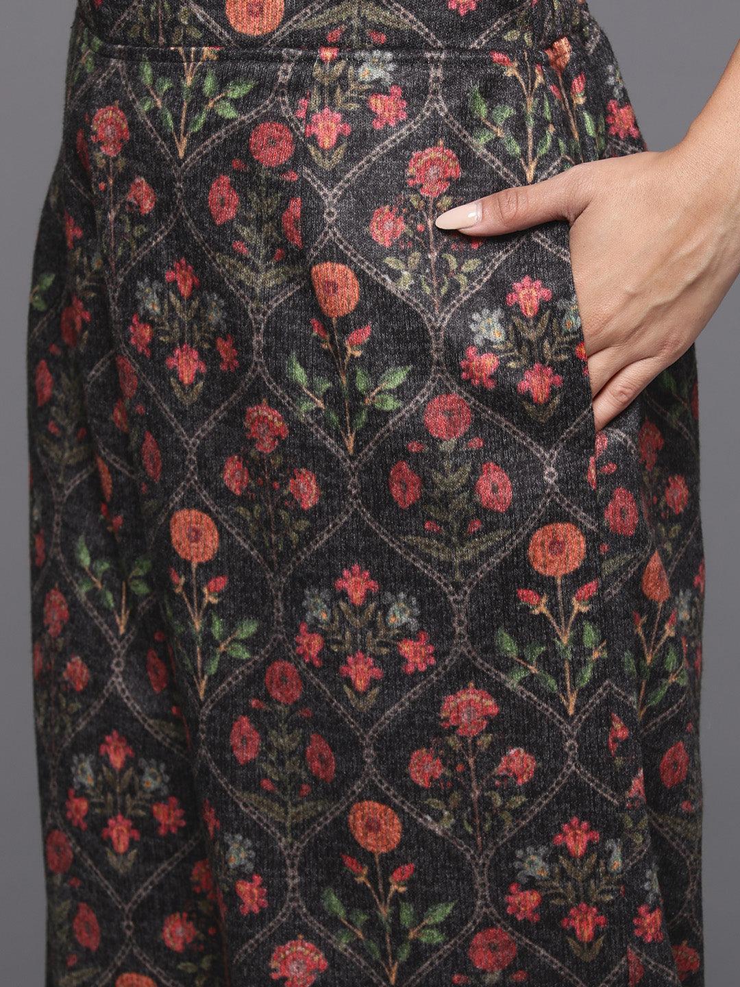 Grey Printed Wool Blend Straight Kurta With Trousers - ShopLibas