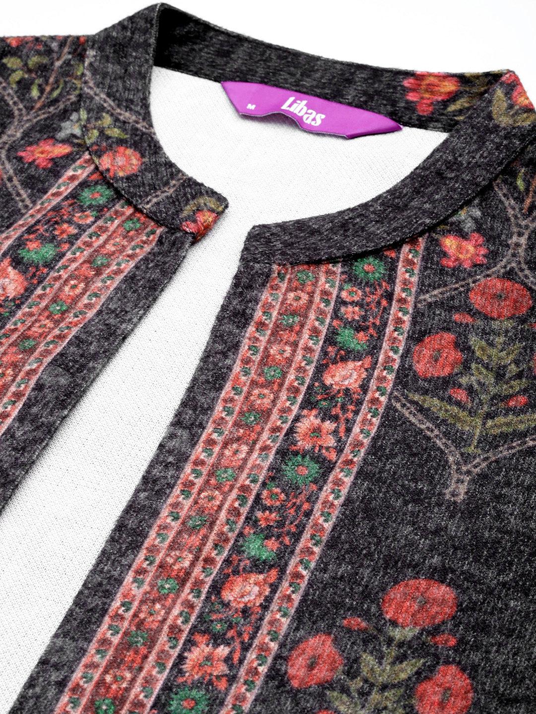 Grey Printed Wool Blend Straight Kurta With Trousers - ShopLibas