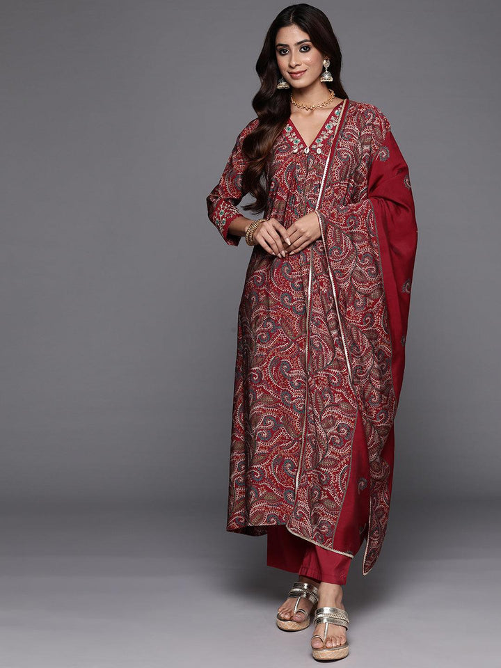Red Printed Silk Blend A-Line Kurta With Trousers & Dupatta
