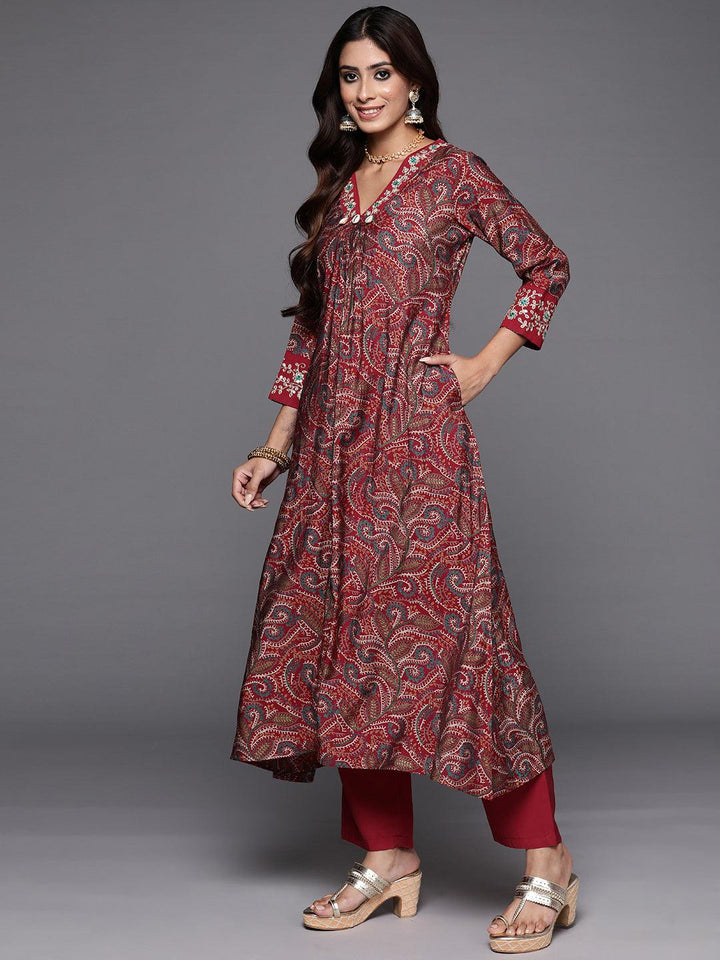 Red Printed Silk Blend A-Line Kurta With Trousers & Dupatta