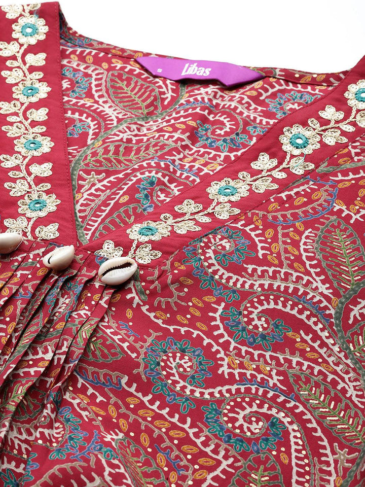 Red Printed Silk Blend A-Line Kurta With Trousers & Dupatta