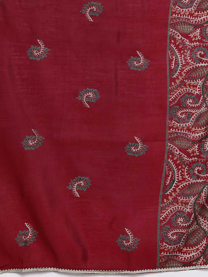 Red Printed Silk Blend A-Line Kurta With Trousers & Dupatta