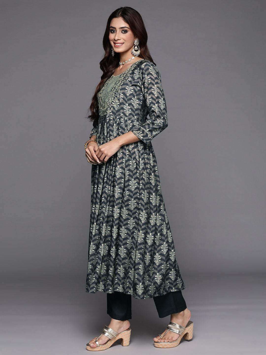 Blue Printed Silk Blend Anarkali Kurta With Trousers & Dupatta - ShopLibas