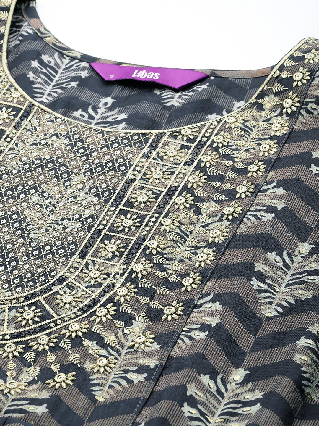 Blue Printed Silk Blend Anarkali Kurta With Trousers & Dupatta - ShopLibas