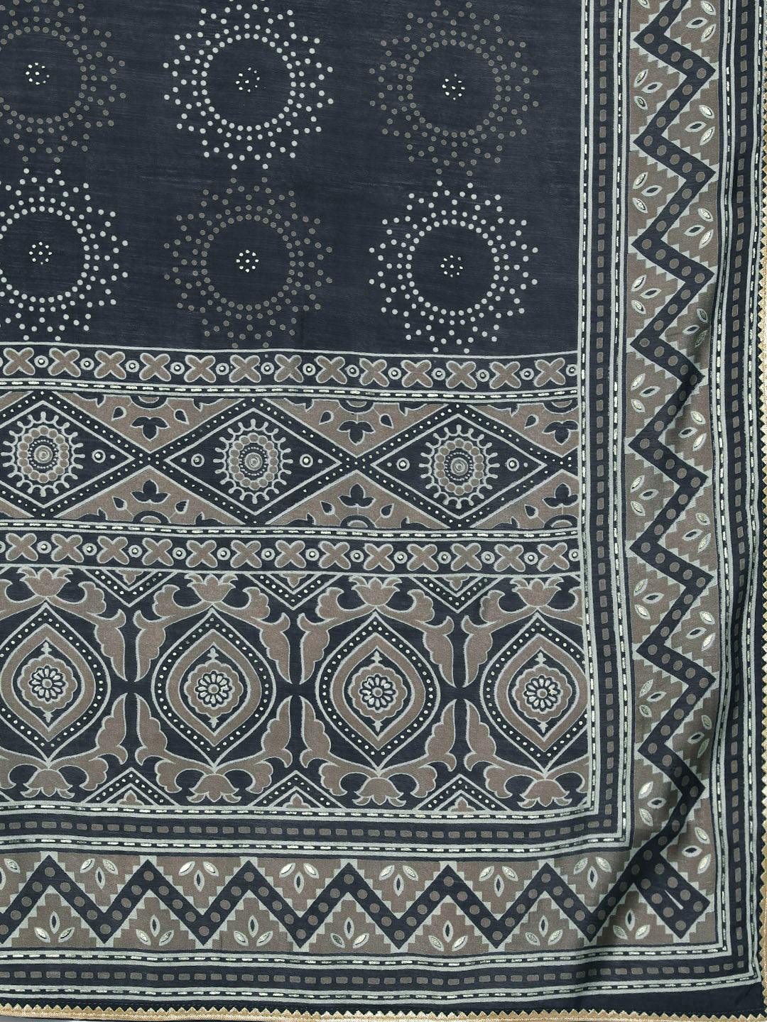 Blue Printed Silk Blend Anarkali Kurta With Trousers & Dupatta - ShopLibas