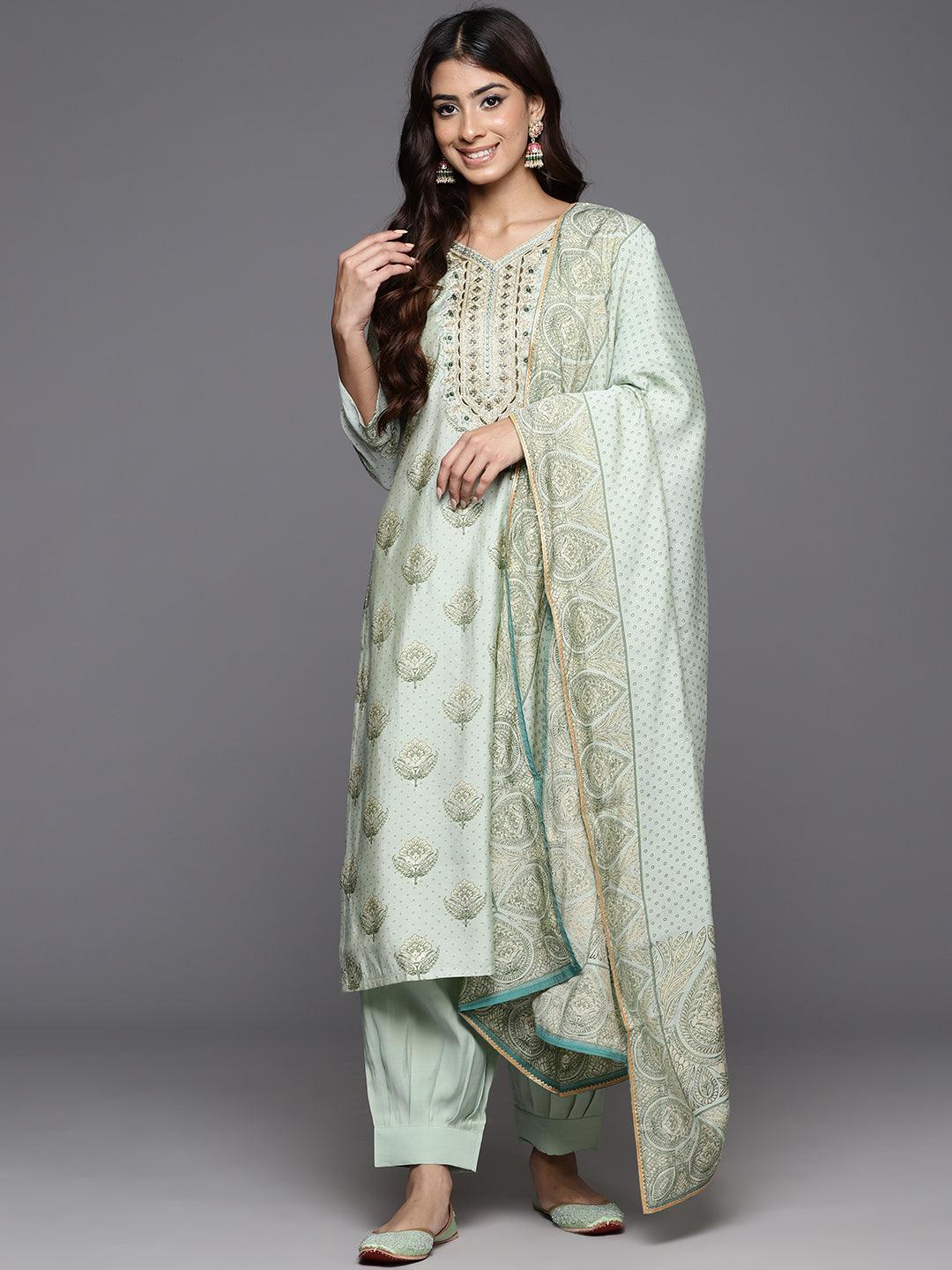Green Printed Silk Blend Straight Kurta With Trousers & Dupatta - ShopLibas