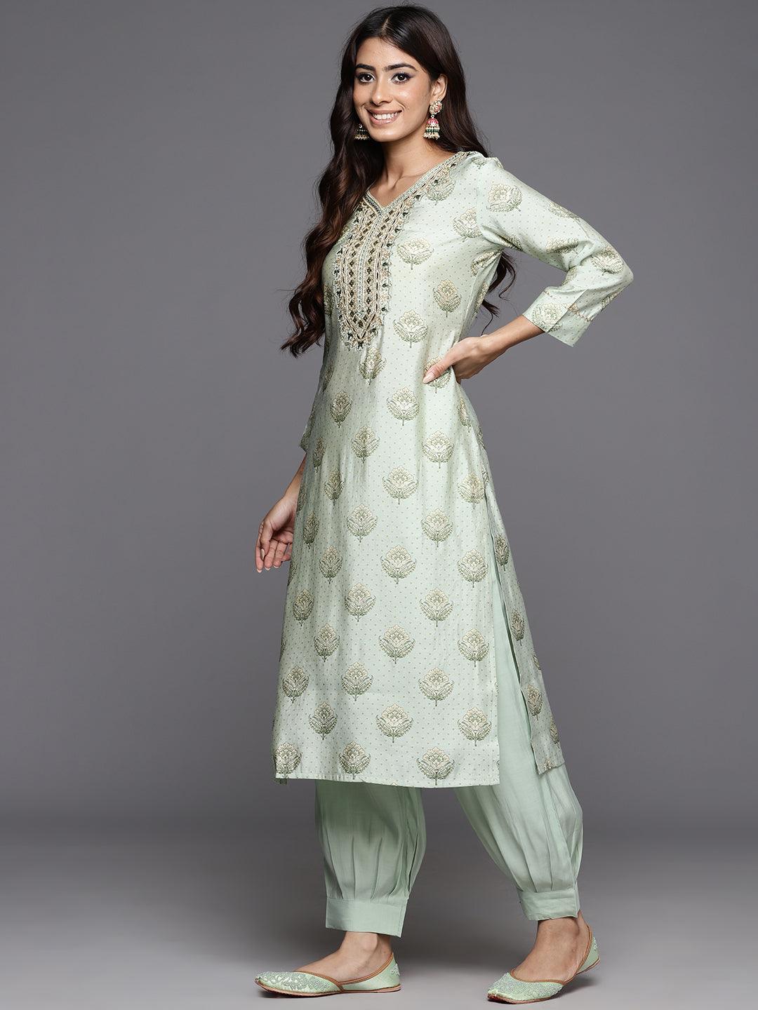 Green Printed Silk Blend Straight Kurta With Trousers & Dupatta - ShopLibas