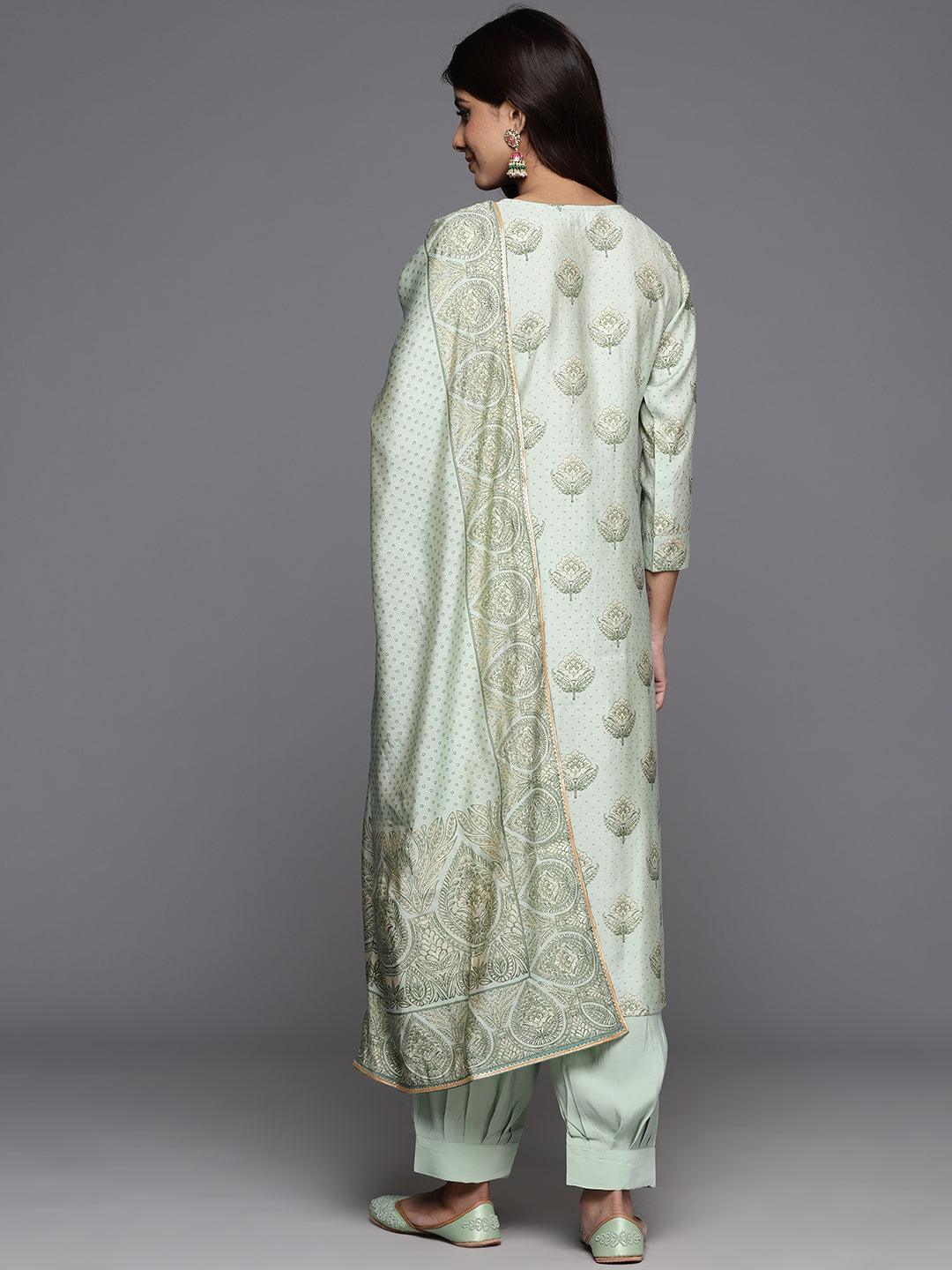 Green Printed Silk Blend Straight Kurta With Trousers & Dupatta - ShopLibas