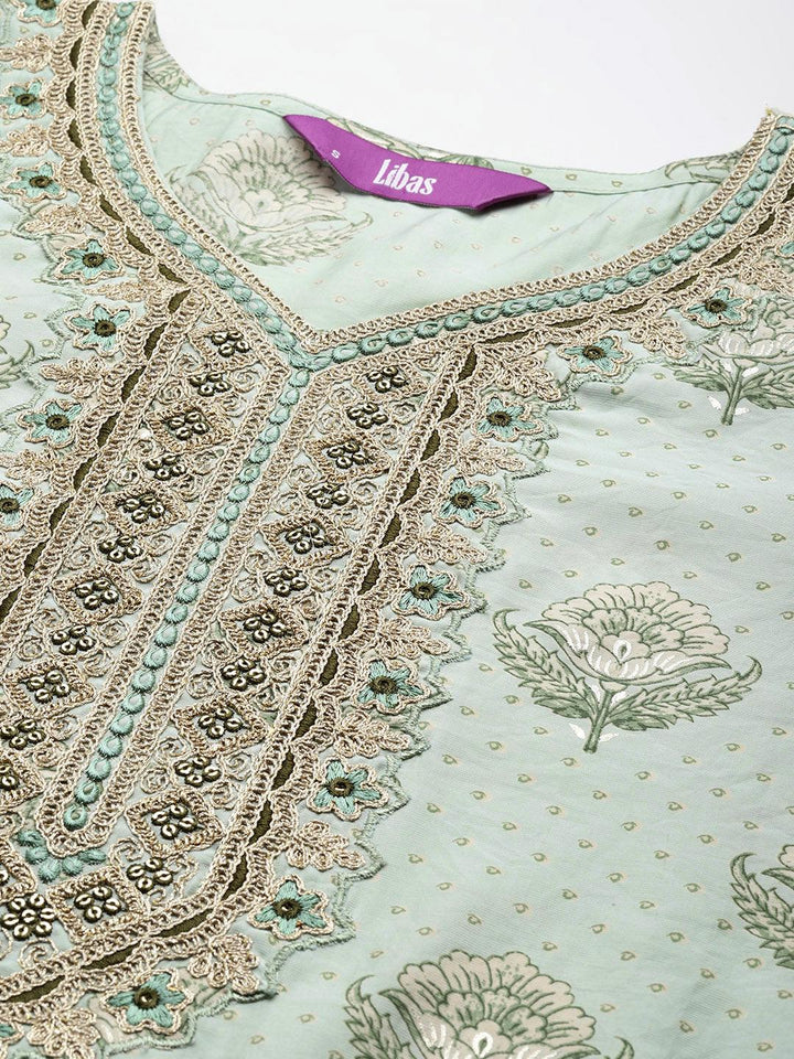 Green Printed Silk Blend Straight Suit With Dupatta