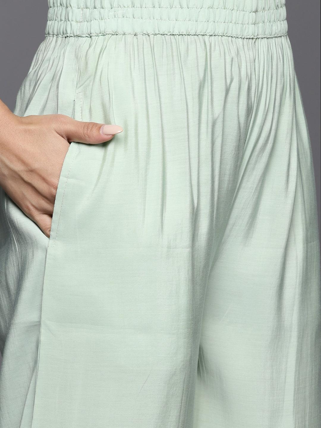 Green Printed Silk Blend Straight Kurta With Trousers & Dupatta - ShopLibas