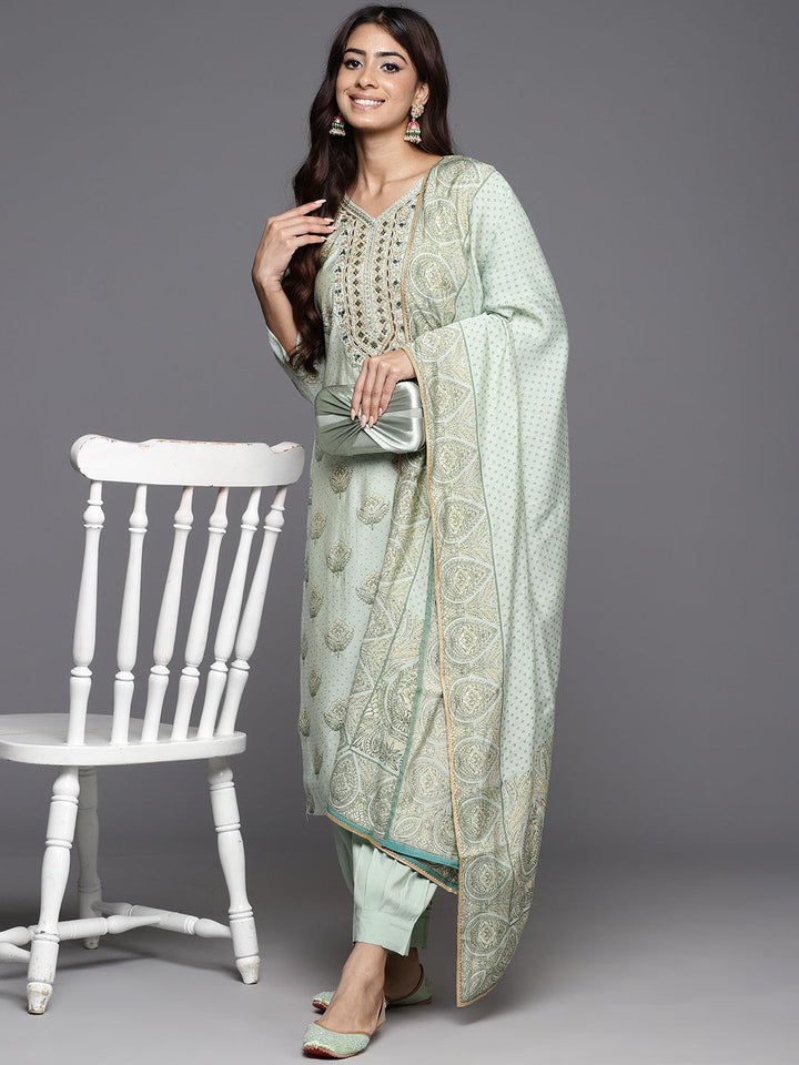 Green Printed Silk Blend Straight Suit With Dupatta