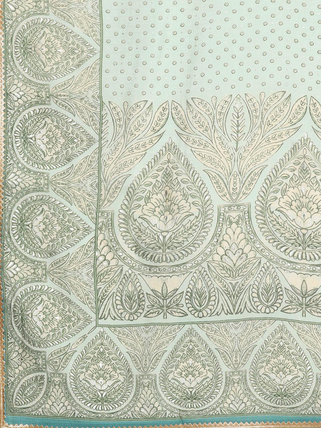 Green Printed Silk Blend Straight Kurta With Trousers & Dupatta - ShopLibas