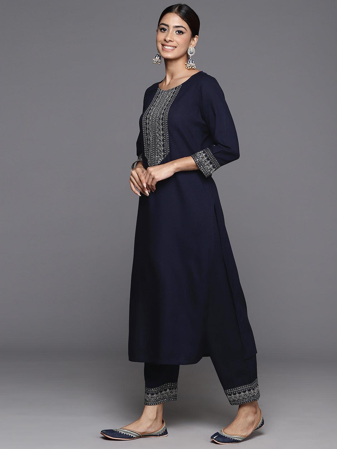 Blue Yoke Design Rayon Straight Kurta With Trousers - ShopLibas
