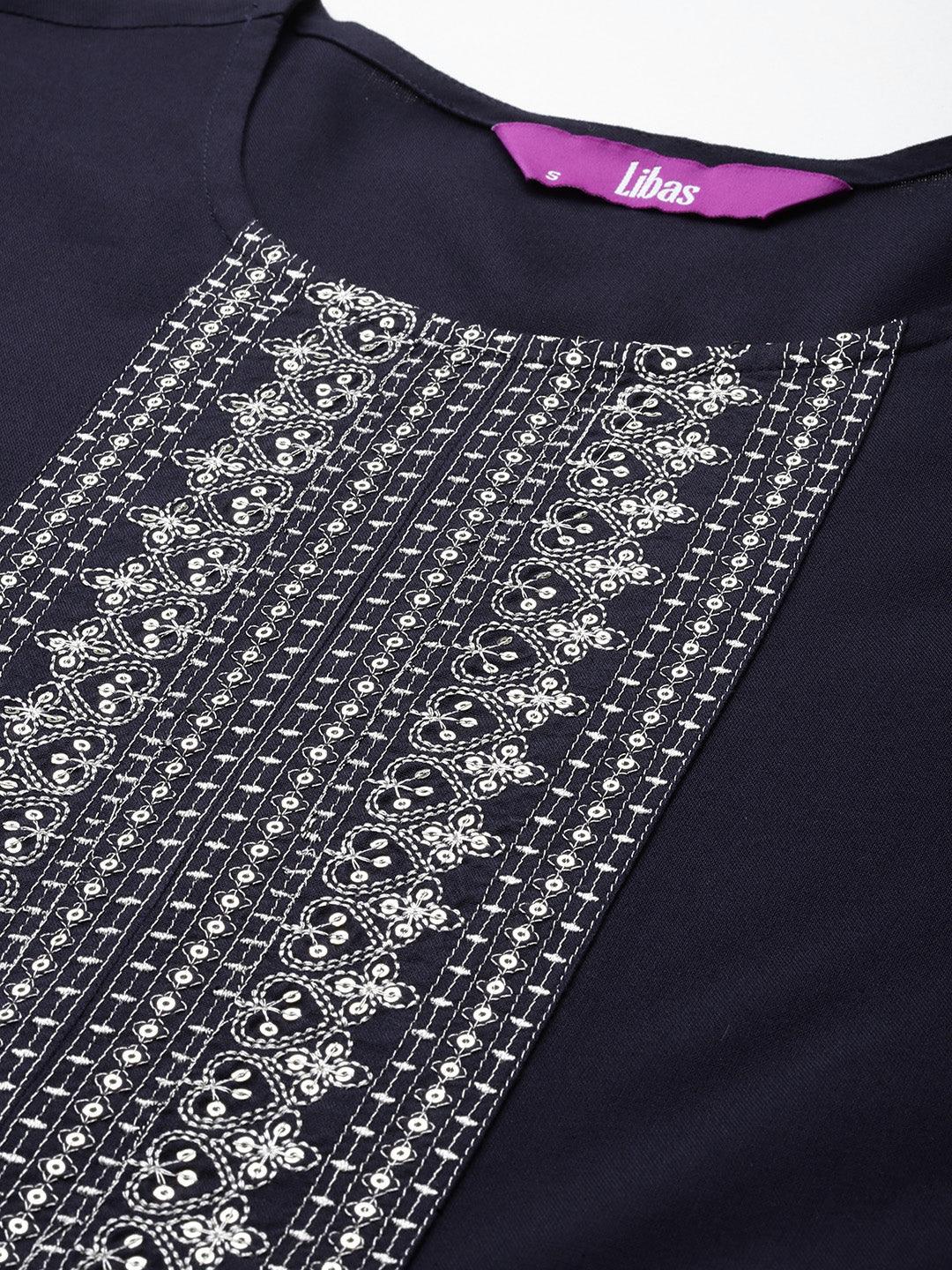 Blue Yoke Design Rayon Straight Kurta With Trousers - ShopLibas