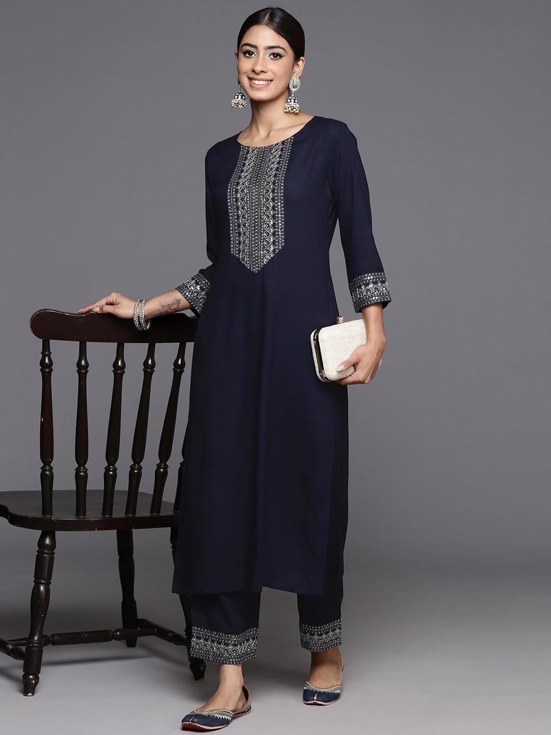Blue Yoke Design Rayon Straight Kurta With Trousers - ShopLibas