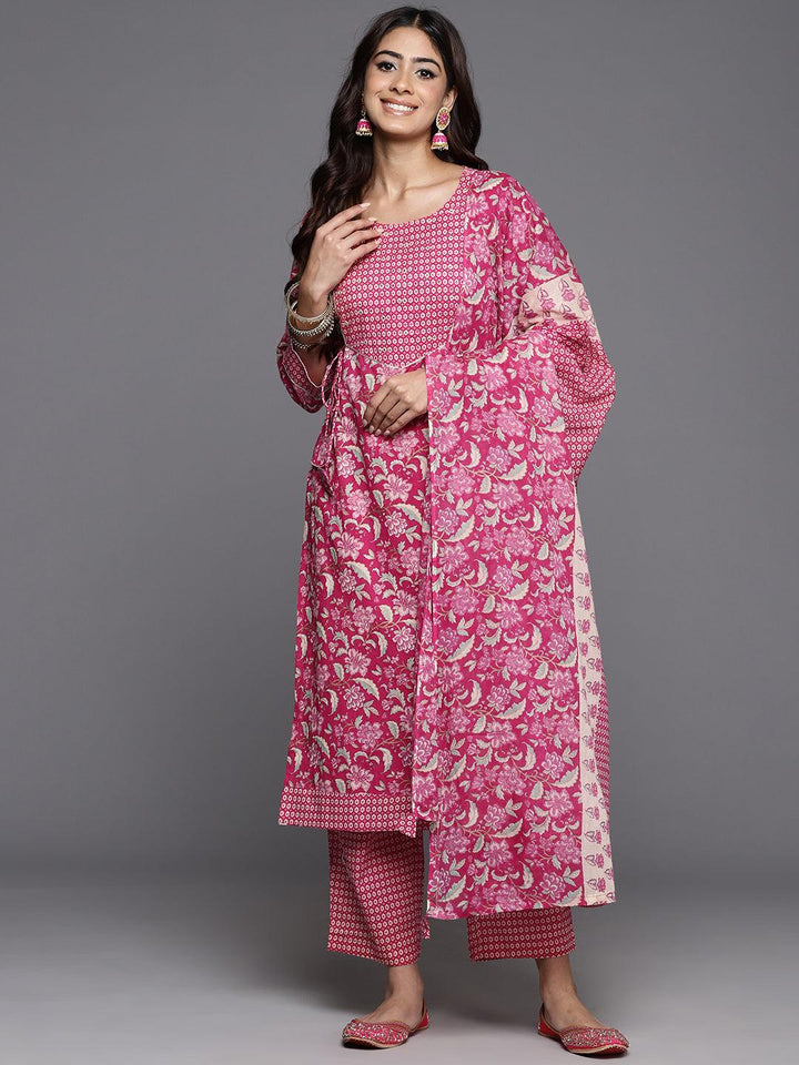 Pink Printed Cotton Straight Suit With Dupatta