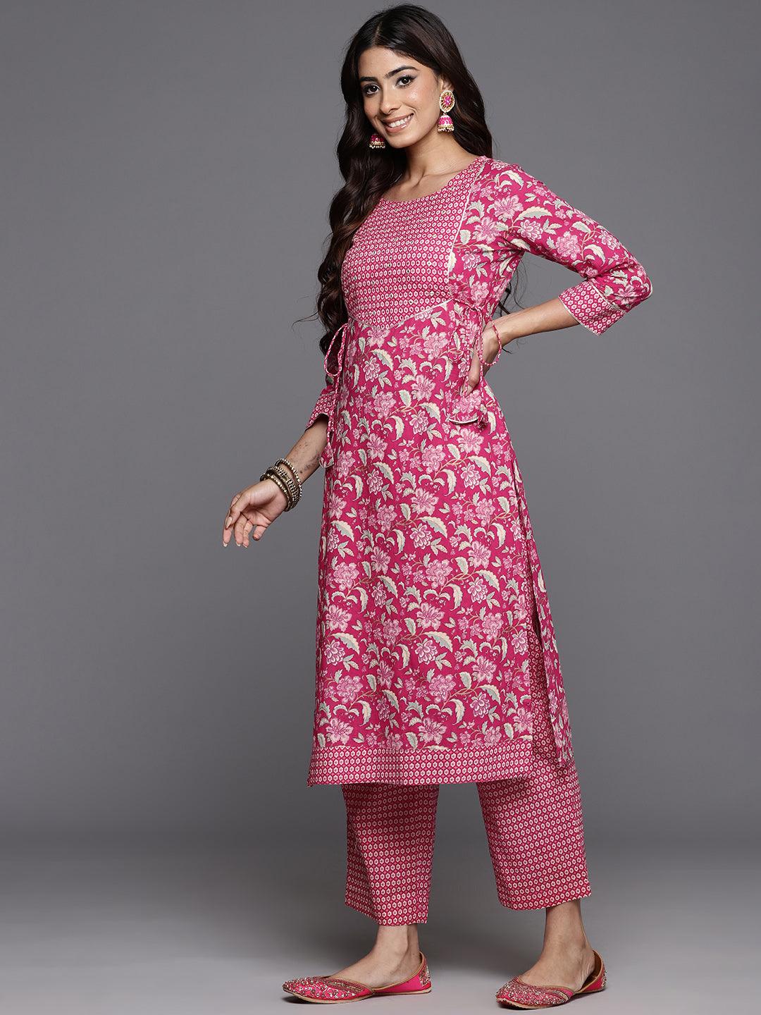 Pink Printed Cotton Straight Kurta With Trousers & Dupatta - ShopLibas