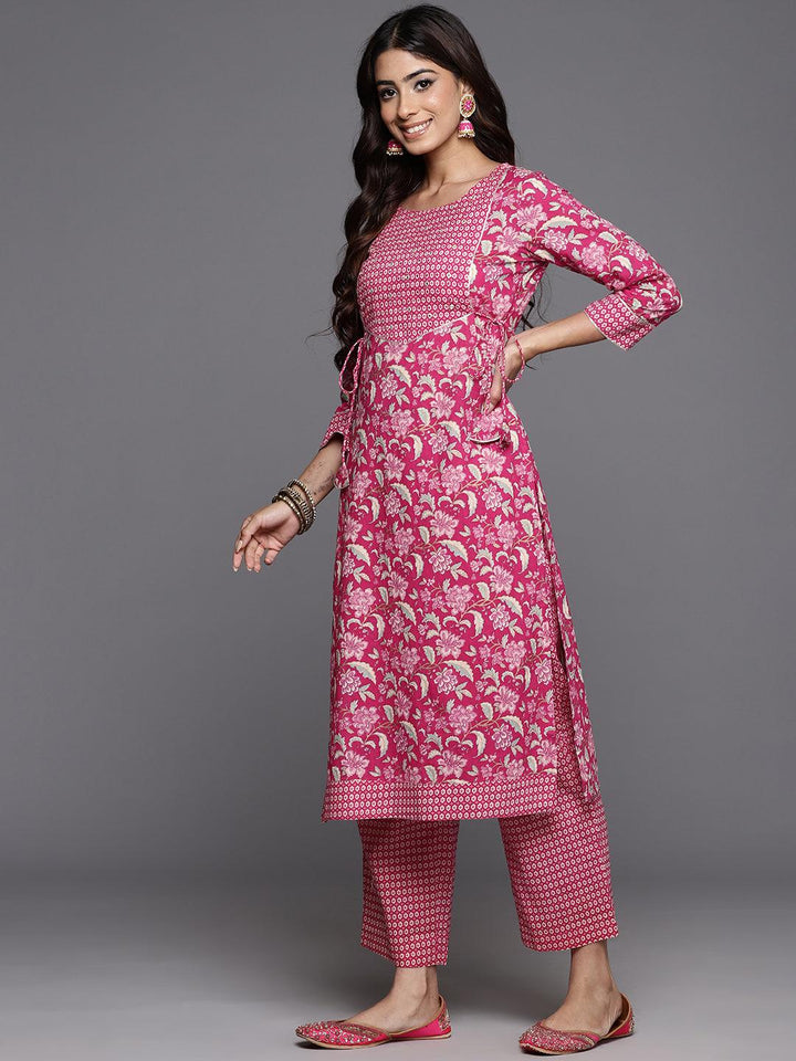 Pink Printed Cotton Straight Suit With Dupatta