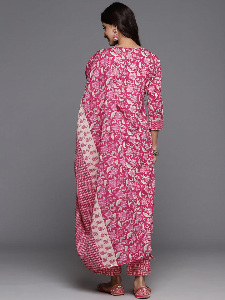 Pink Printed Cotton Straight Suit With Dupatta