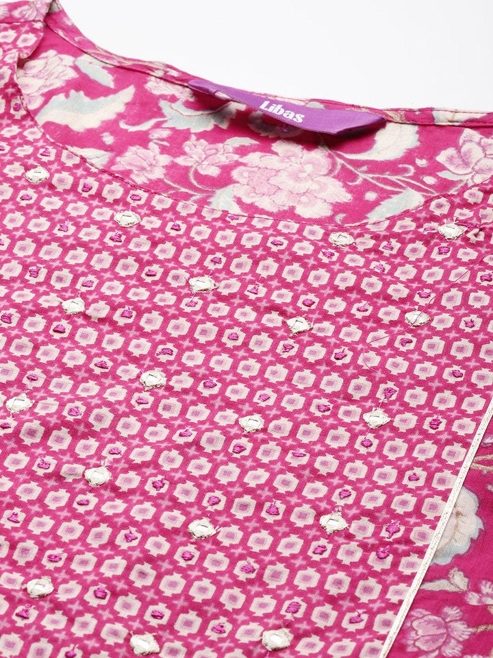Pink Printed Cotton Straight Suit With Dupatta