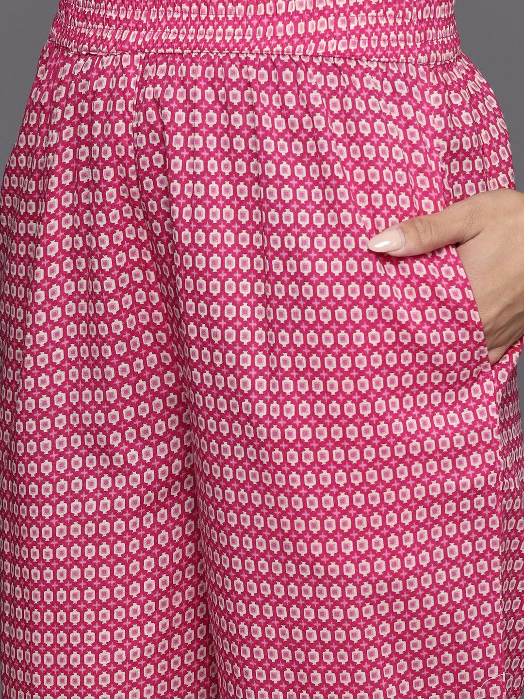 Pink Printed Cotton Straight Kurta With Trousers & Dupatta - ShopLibas