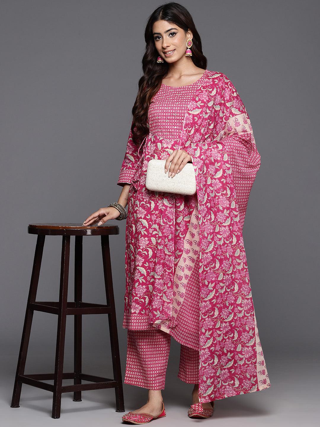 Pink Printed Cotton Straight Kurta With Trousers & Dupatta - ShopLibas