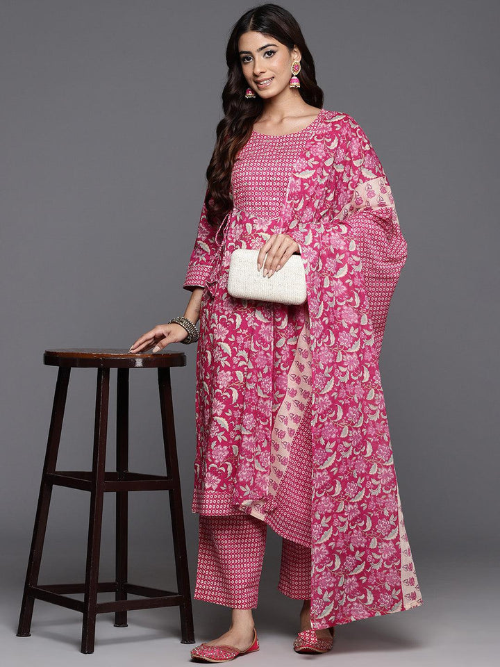 Pink Printed Cotton Straight Suit With Dupatta