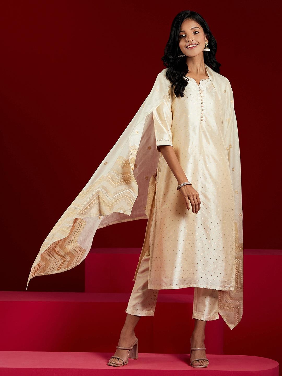 Cream Woven Design Straight Kurta With Trousers & Dupatta - ShopLibas