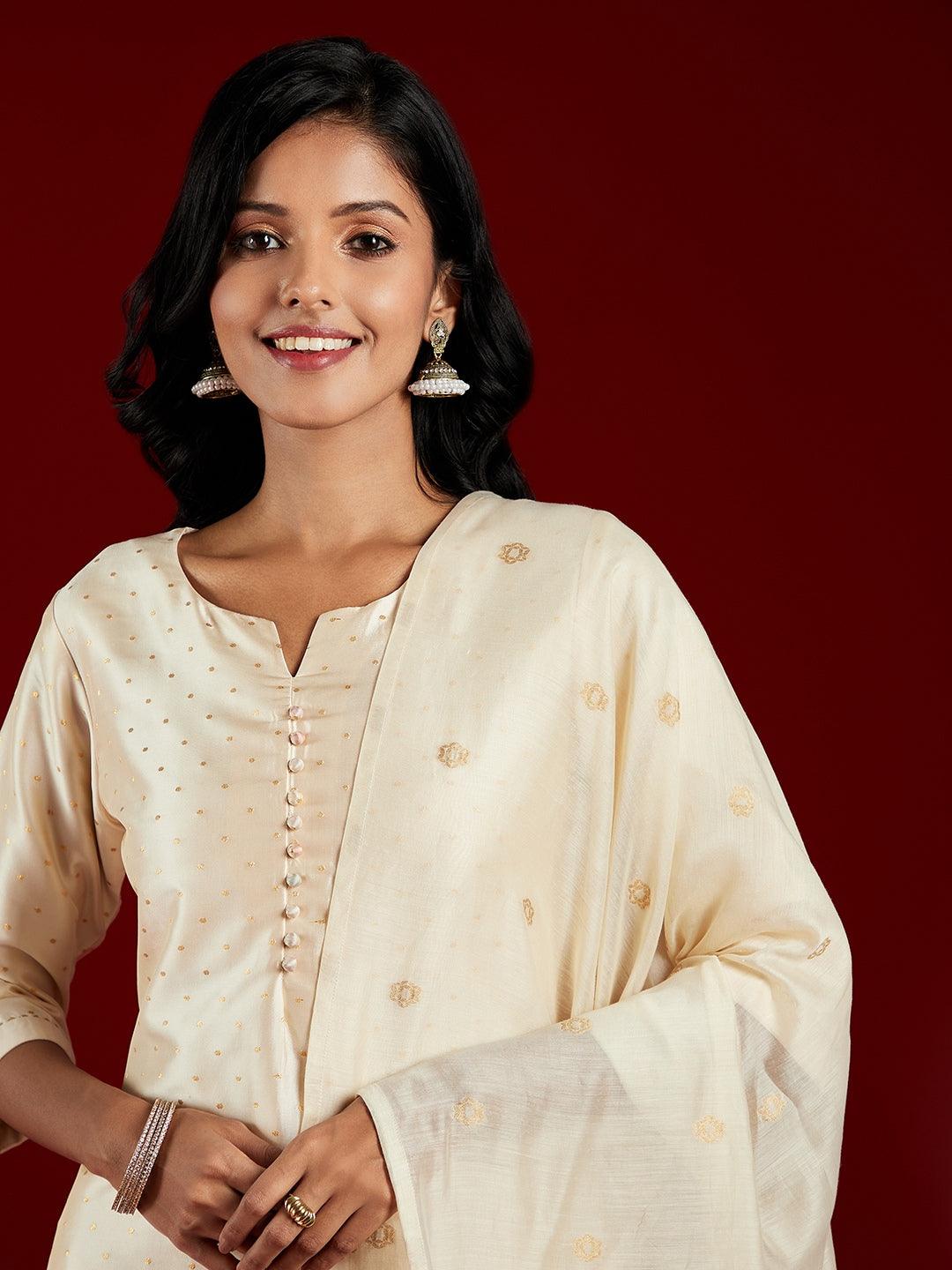 Cream Woven Design Straight Kurta With Trousers & Dupatta - ShopLibas