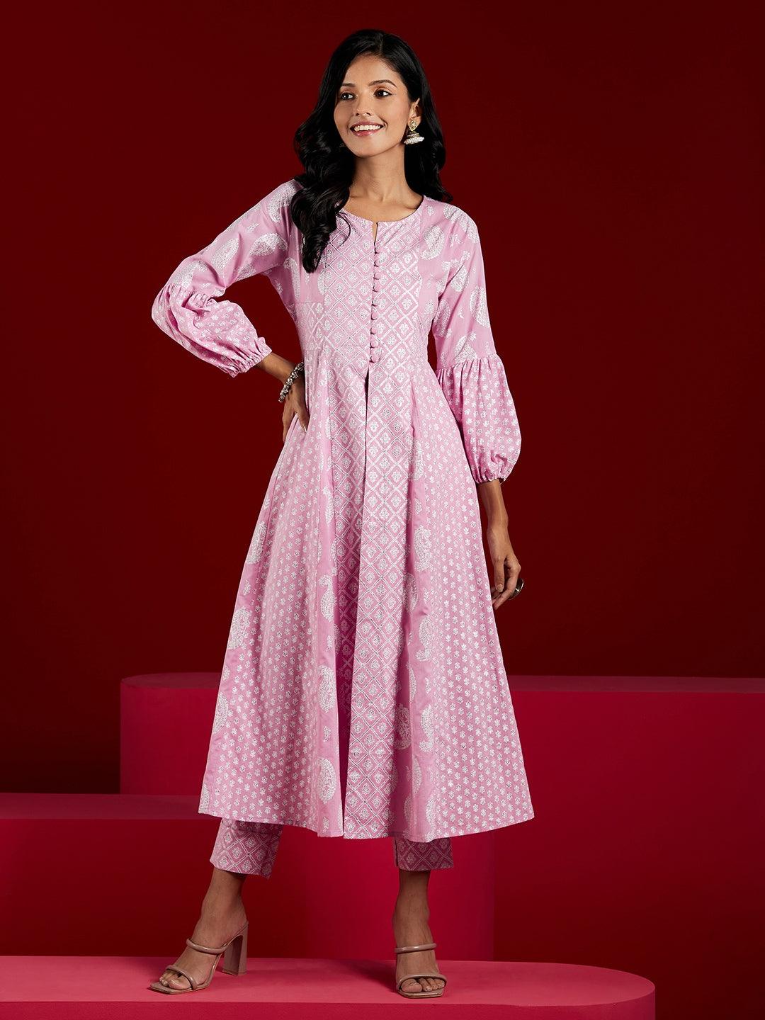 Lavender Printed Cotton Anarkali Kurta With Trousers - ShopLibas