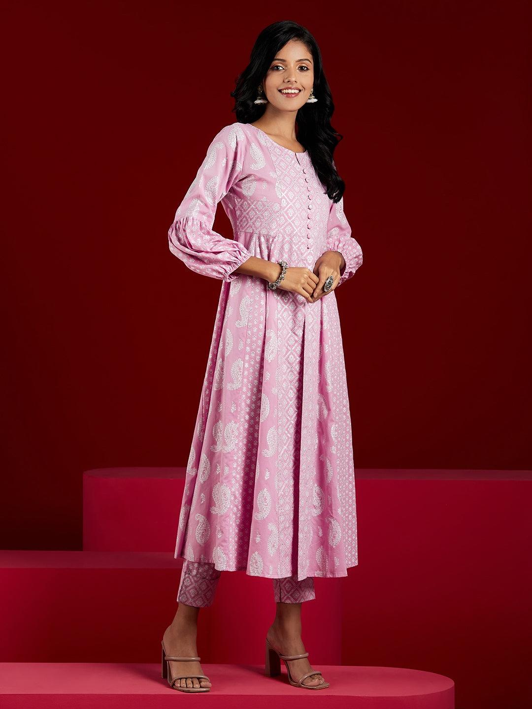 Lavender Printed Cotton Anarkali Kurta With Trousers - ShopLibas