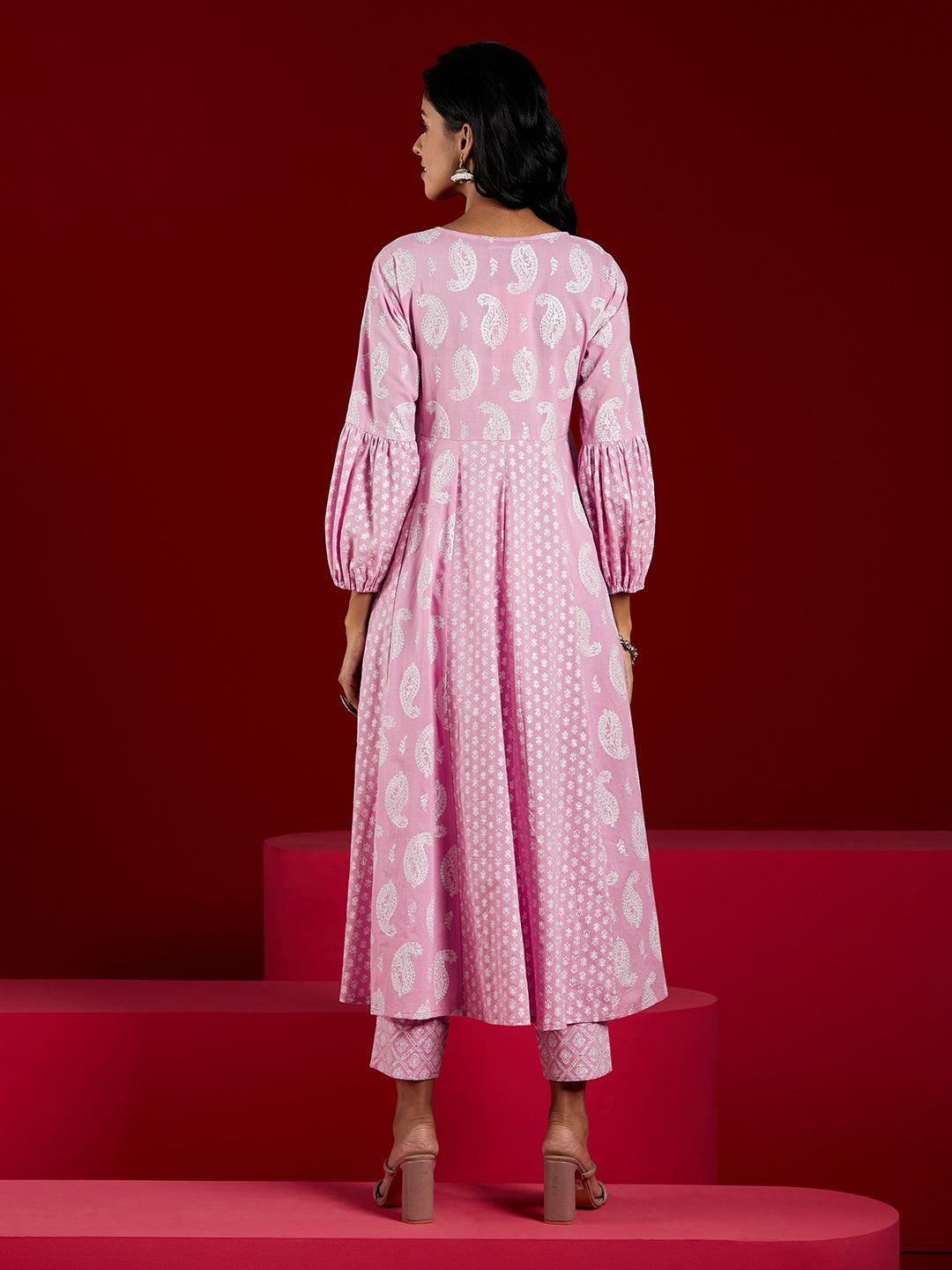 Lavender Printed Cotton Anarkali Kurta With Trousers - ShopLibas