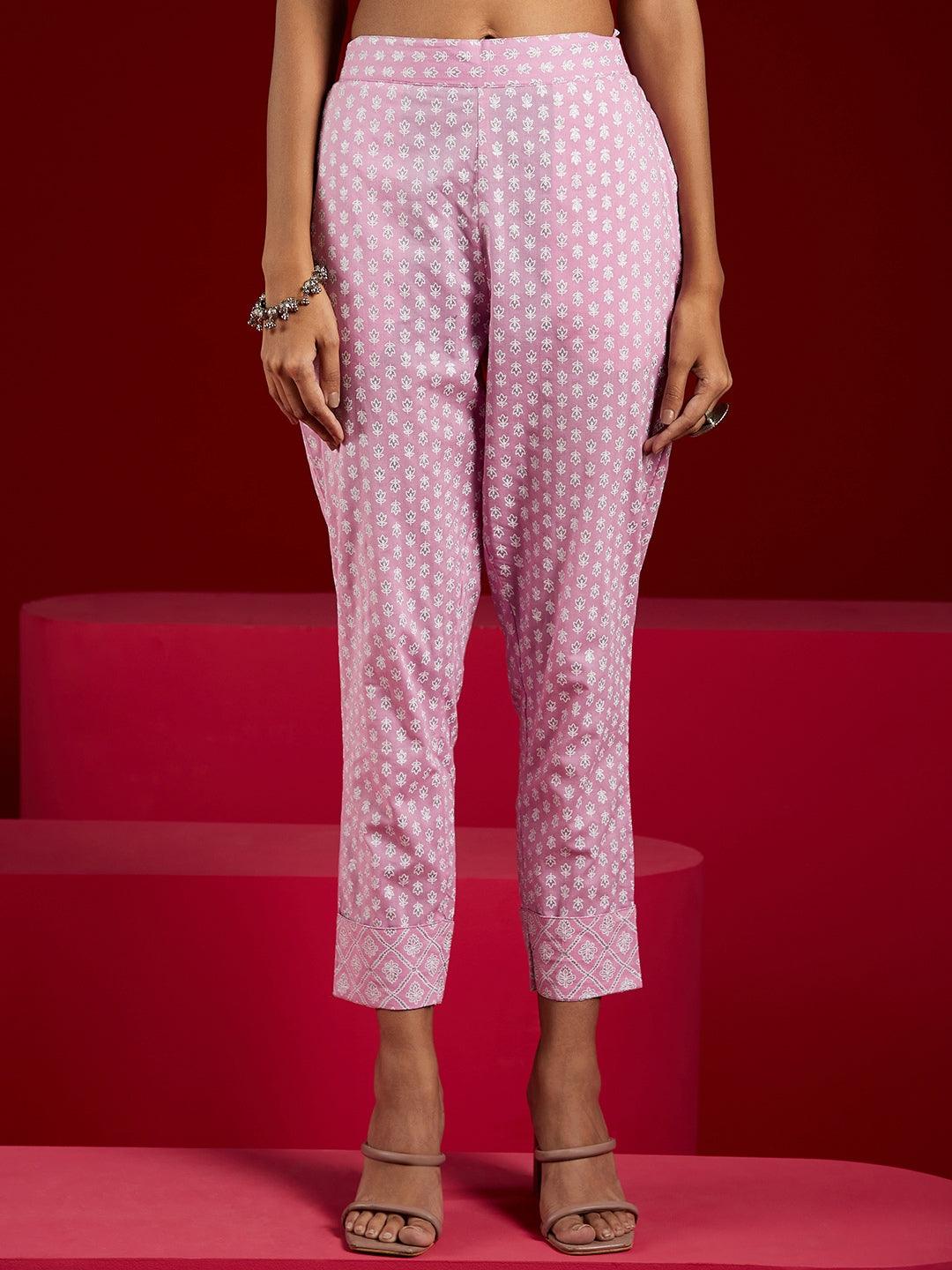 Lavender Printed Cotton Anarkali Kurta With Trousers - ShopLibas